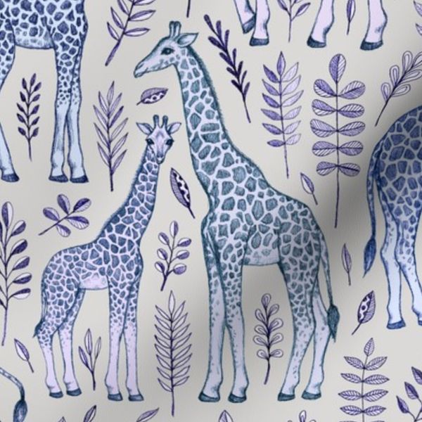 Giraffes and Leaves in Blue and Grey