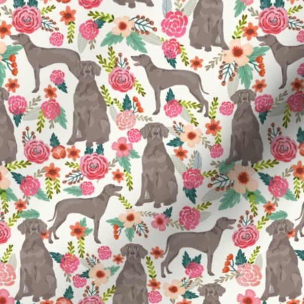 weimaraner florals dog fabric - floral dog design - off-white