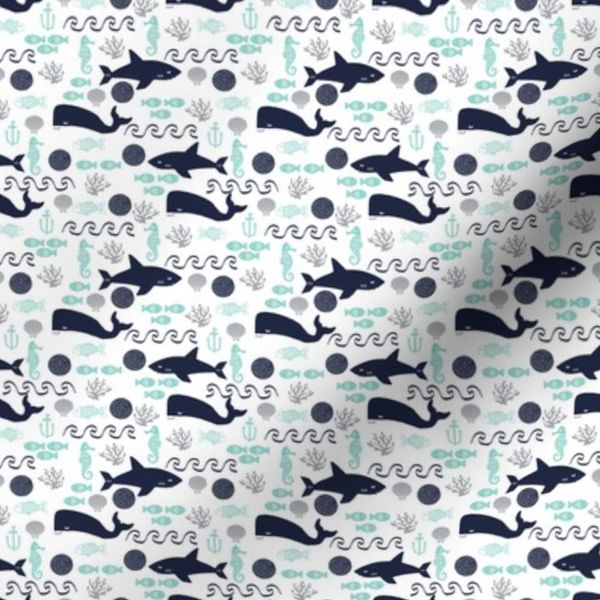 mini print micro print shark nautical navy and mint