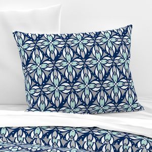 Retro Floral Geometric Trellis - Mid Century Flower Lattice Navy Mint (L)