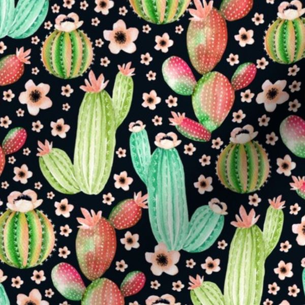 Watercolor cactus. Dark blue pattern