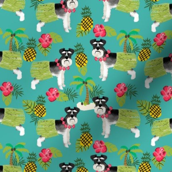 schnauzer black and white hula hawaiian dog breed fabric green