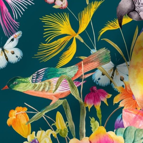 LARGE PARROT TROPICAL LUXURIANCE EMERALD BIRDS FLOWERS BUTTERFLIES