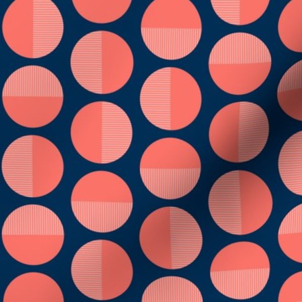 mid century coral circles on midnight blue