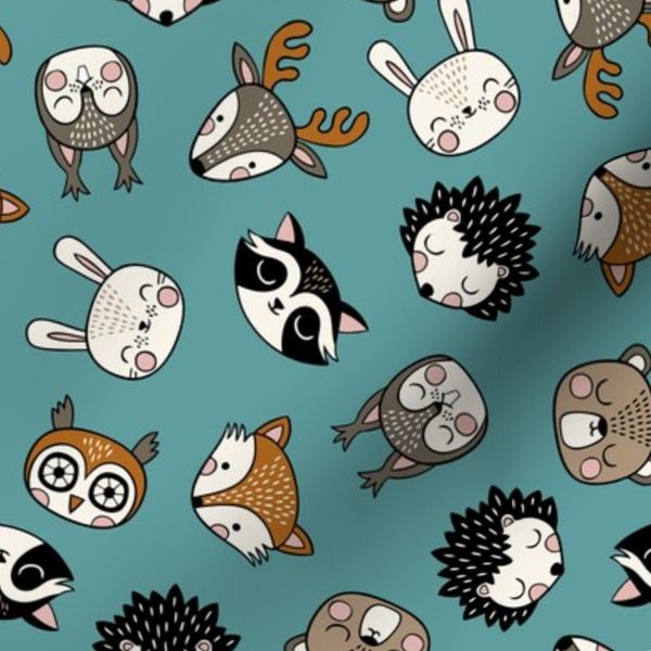 cute woodland animal heads teal