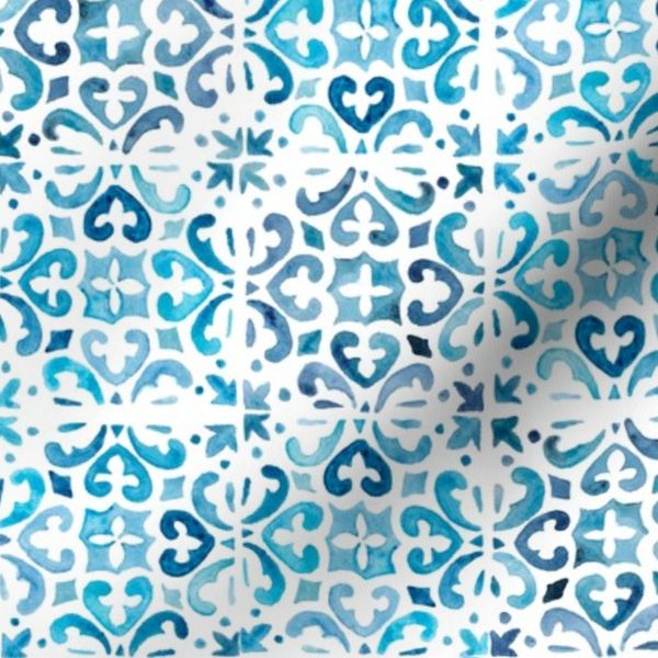 Painted Watercolor Moroccan Tile Blue Small