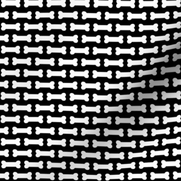 1 Inch White Horizontal Dog Bones on Black (1 Inch Repeat)