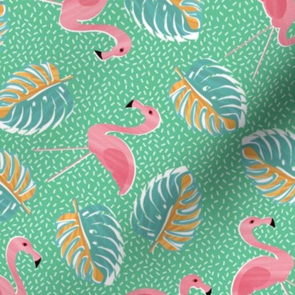 Ditsy flamingoes and monsteria - green