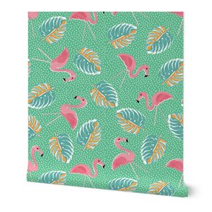 Ditsy flamingoes and monsteria - green